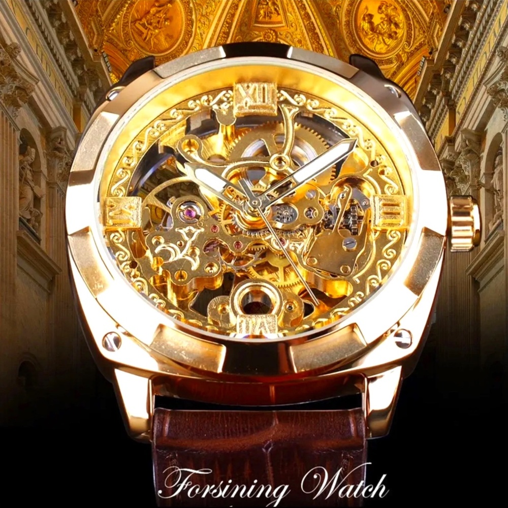 Forsining Mens Skeleton Mechanical Waterproof Luxury Watch Leather Gift Idea